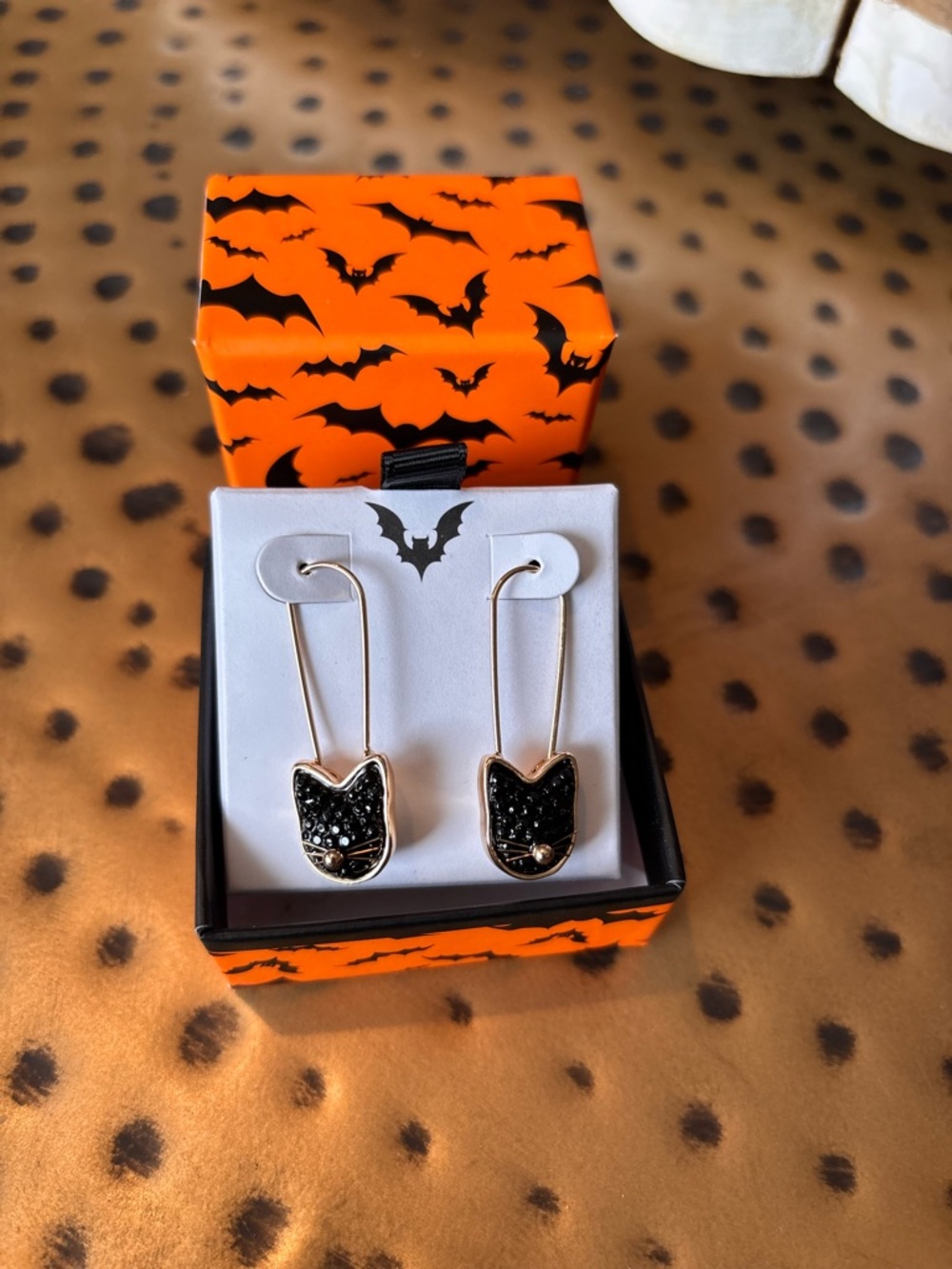 Cat Face Drop Earrings in Black and Gold